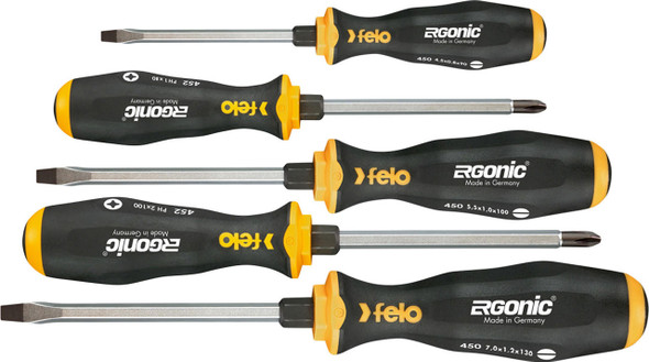  Felo 450 ERGONIC 5 Piece Set Slotted Screwdriver with continuous blade and hammer cap 