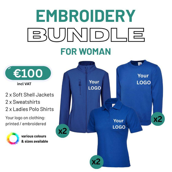  Woman's Personalised Embroidered Workwear Bundle with Custom Logo, Name or Photo, Multiple Colours 
