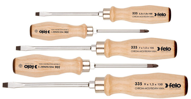 Felo 335 Screwdriver 5 piece set Slotted/Pozidriv with wooden handle and continuous blade 