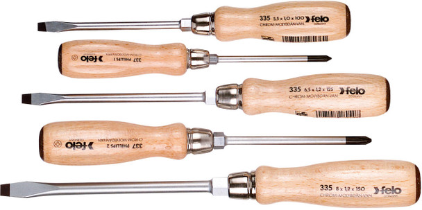  Felo 335 Screwdriver 5 piece set Slotted/Phillips with wooden handle and continuous blade 