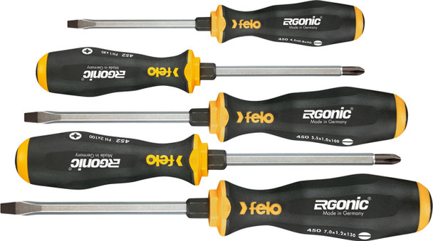  Felo 450 ERGONIC 5 Piece Set Slotted Screwdriver with continuous blade and hammer cap PZ/PH 