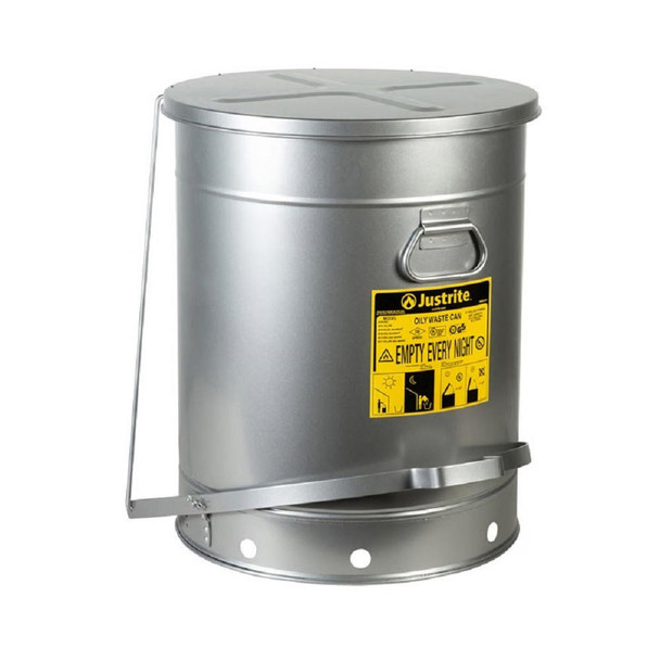  Justrite SoundGard™ Silver, Hands-Free, Self-Closing Cover Oily Waste Can 