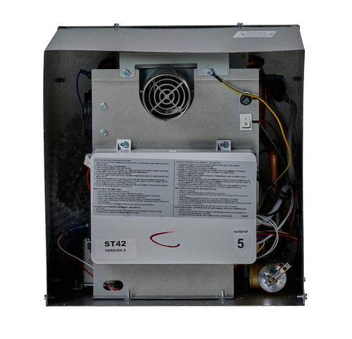 Water Heater; Model ST-42; LP Gas; With Direct Spark Ignition; On-Demand/ Tankless; 42,000 BTU; 12-1/2 Inch Height x 12-3/4 Inch Width x 13 Inch Depth; 19 Pounds Without Door; Non Portable; With Built-In Freeze Protection Mechanism/ Flame Out Protection/ Scald Protection/ Voltage Protection/ Automatic Fan Monitoring/ Pressure Relief Safety Valve/ Child Lock; With On Demand Control Center; Access Door Sold Separately