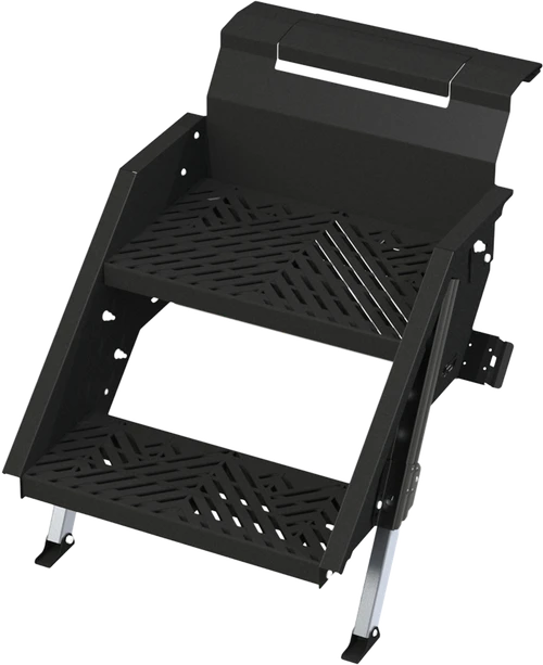 Entry Step; Stow Away Steps; 2 Manual Folding Steps; 20 Inch Width x 13 Inch Top Step Depth; With 9-1/2 Inch Rise; Narrow Width; 500 Pound Capacity; Removable Mount; Square Edge Steps With Slotted Non-Slip Treads; Flat Black Powder Coated Steel; Not Illuminated; Non-Lockable