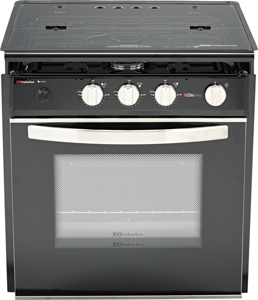 Stove; Range; Model Number SRNA3LBVEZC; Black Porcelain Top With Open Glass Door; 21 Inch Width; Piezo Ignition; 9000 BTU Main Burner And Two 6500 BTU Rear Burners; 3 Burner; With Deluxe Grate And Cover; Single