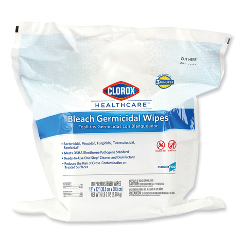 Bleach Germicidal Wipes, 1-Ply, 12 x 12, Unscented, White, 110/Bag