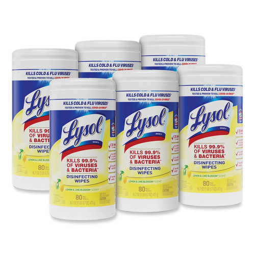 Disinfecting Wipes, 1-Ply, 7 x 7.25, Lemon and Lime Blossom, White, 80 Wipes/Canister