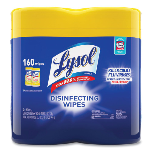 Disinfecting Wipes, 1-Ply, 7 x 7.25, Lemon and Lime Blossom, White, 80 Wipes/Canister, 2 Canisters/Pack