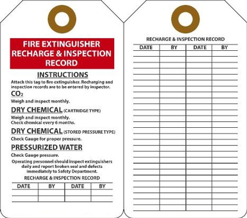 Fire Extinguisher Tag, RECHARGE & INSPECTION RECORD, 5-3/4" x 3-1/4", Plastic w/Grommet, Pack 25