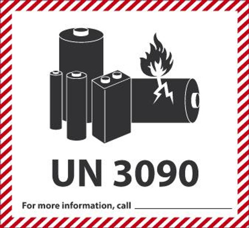 Hazardous Material Shipping Label, UN 3090 FOR MORE INFORMATION CALL (Blank), 4-3/10" x 4-7/10", Roll 500