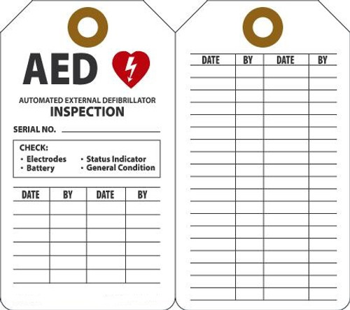 AED AUTOMATIC EXTERNAL DEFIBRILLATOR INSPECTION, 5-3/4" x 3-1/4", Plastic w/Grommet, Pack 25