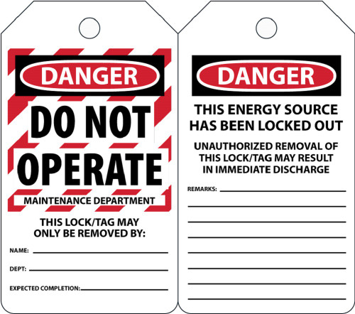 Lockout Tag, DANGER DO NOT OPERATE MAINTENANCE DEPARTMENT THIS LOCK/TAG MAY ONLY BE, 5-3/4" x 3-1/4", PF-Cardstock, Pack 25