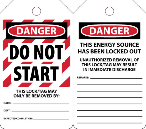 Lockout Tag, DANGER DO NOT START THIS LOCK/TAG MAY ONLY BE, 5-3/4" x 3-1/4", PF-Cardstock, Pack 25