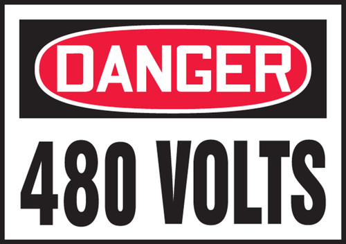 DANGER 480 VOLTS, 3-1/2" x 5", Adhesive Vinyl, Pack 5
