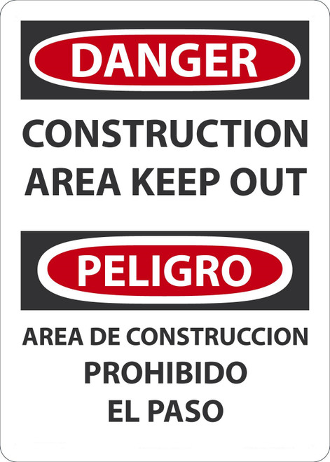 Safety Sign, DANGER CONSTRUCTION AREA KEEP OUT (English, Spanish), 14" x 10", Aluminum