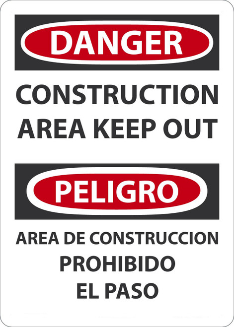 Safety Sign, DANGER CONSTRUCTION AREA KEEP OUT (English, Spanish), 14" x 10", Plastic