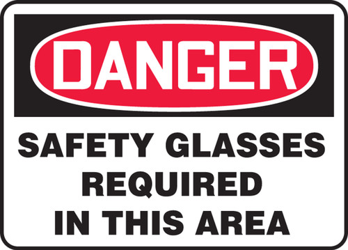 Safety Sign, DANGER SAFETY GLASSES REQUIRED IN THIS AREA, 7" x 10", Adhesive Vinyl