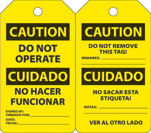 Safety Tag, CAUTION DO NOT OPERATE (English, Spanish), 5-3/4" x 3-1/4", PF-Cardstock, Pack 25