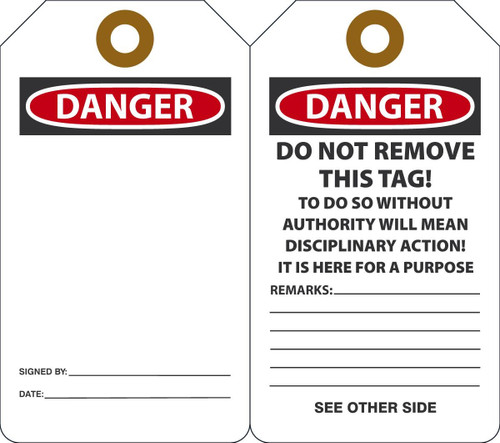 Safety Tag, DANGER (Blank), 5-3/4" x 3-1/4", Plastic w/Grommet, Pack 25