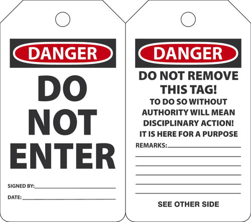 Safety Tag, DANGER DO NOT ENTER, 5-3/4" x 3-1/4", PF-Cardstock, Pack 25