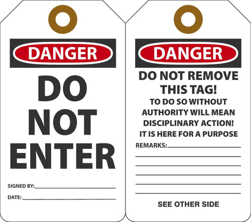 Safety Tag, DANGER DO NOT ENTER, 5-3/4" x 3-1/4", Plastic w/Grommet, Pack 25