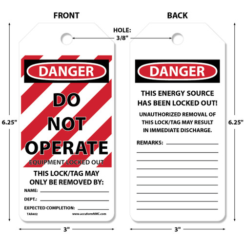 Tags By-The-Roll, DANGER DO NOT OPERATE EQUIPMENT LOCKED OUT, 6-1/4" x 3" PF-Cardstock Tag in 6-5/8" x 6-5/8" x 3-5/8" Cardboard Dispenser Box, Roll 100