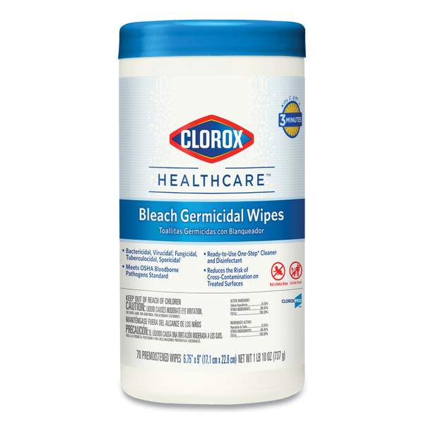 Bleach Germicidal Wipes, 1-Ply, 6.75 x 9, Unscented, White, 70/Canister