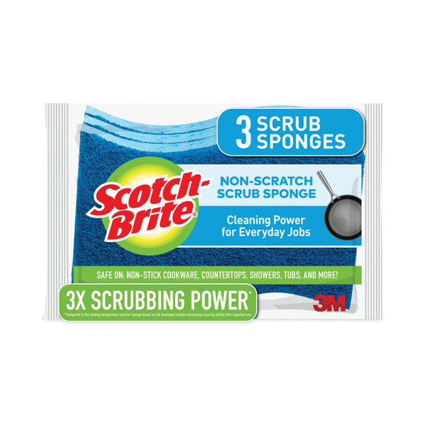 Non-Scratch Multi-Purpose Scrub Sponge, 4.4 X 2.6, 0.8" Thick, Blue, 3/pack