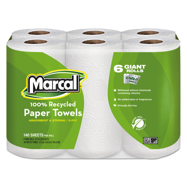 100% Premium Recycled Kitchen Roll Towels, 2-Ply, 11 x 5.5, White, 140/Roll, 6 Rolls/Pack