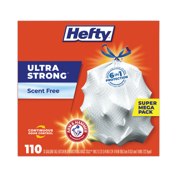 ultra strong tall kitchen and trash bags, 13 gal, 0.9 mil, 23.75" x 24.88", white, 110 bags/box, 3 boxes/carton