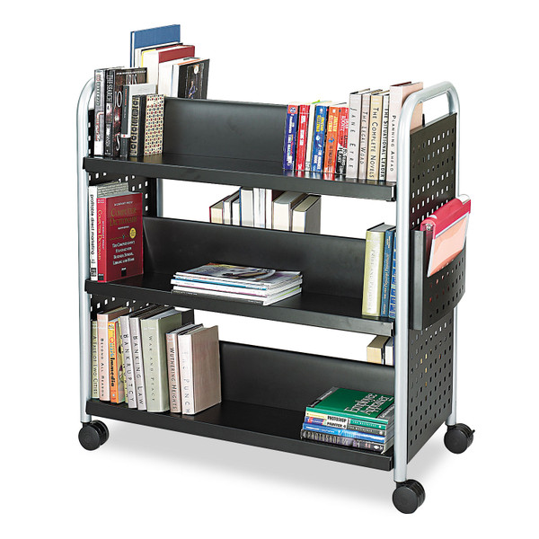 Scoot Double-Sided Book Cart, Metal, 6 Shelves, 1 Bin, 41.25" x 17.75" x 41.25", Black