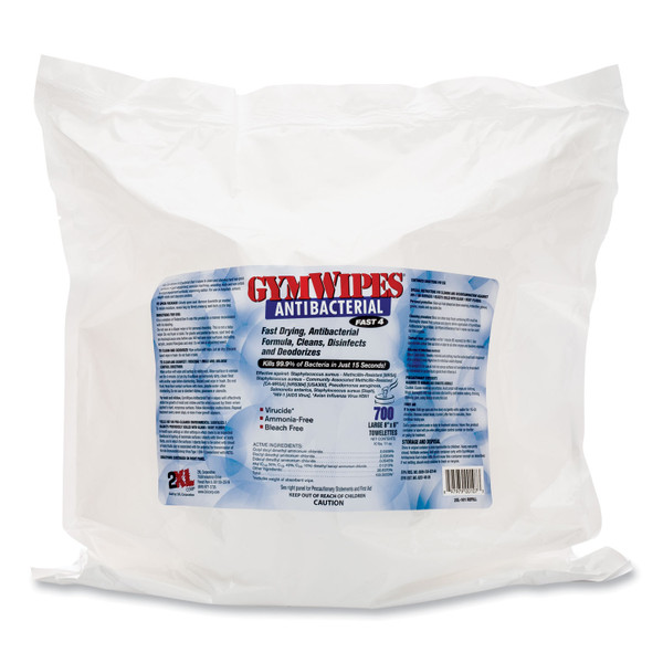 Antibacterial Gym Wipes Refill, 1-Ply, 6 x 8, Unscented, White, 700 Wipes/Pack, 4 Packs/Carton