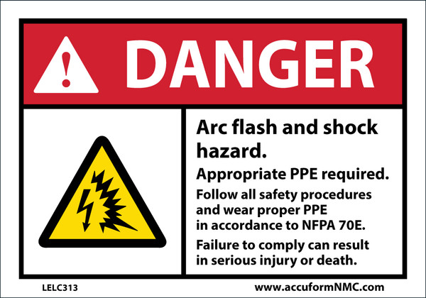 Danger Arc Flash And Shock Hazard Appropriate PPE Required (Graphic) 3-1/2" X 5" Adhesive Dura-Vinyl