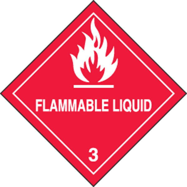 DOT Label, FLAMMABLE LIQUID 3 (Hazard Class 3), 4" x 4", Adhesive Paper, Roll 250