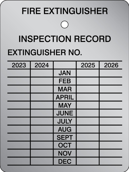 Fire Extinguisher Tag, FIRE EXTINGUISHER INSPECTION RECORD, 3" x 2-1/4", Aluminum, Pack 5