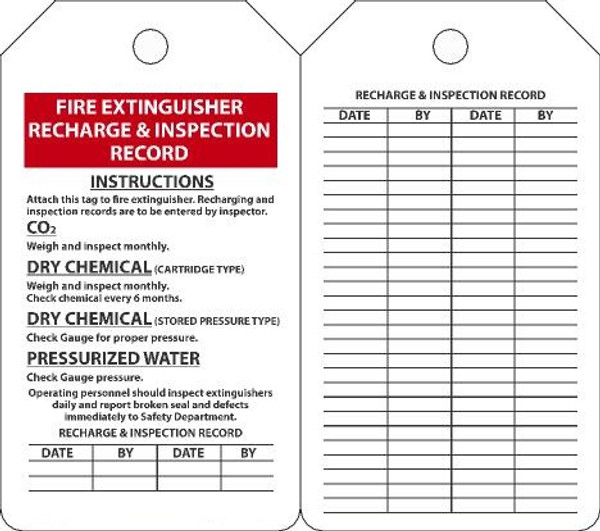 Fire Extinguisher Tag, RECHARGE & INSPECTION RECORD, 5-3/4" x 3-1/4", PF-Cardstock, Pack 25