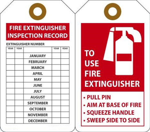 Fire Extinguisher Tag, TO USE FIRE EXTINGUISHER, 5-3/4" x 3-1/4", Plastic w/Grommet, Pack 25