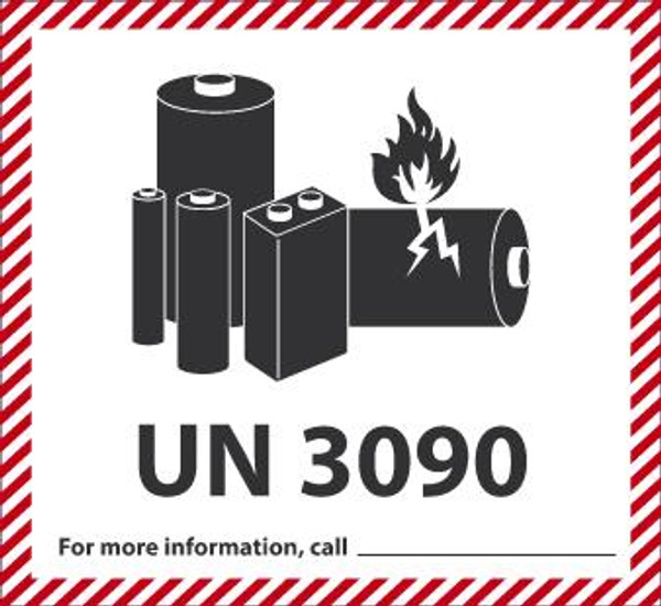 Hazardous Material Shipping Label, UN 3090 FOR MORE INFORMATION CALL (Blank), 4-3/10" x 4-7/10", Roll 500