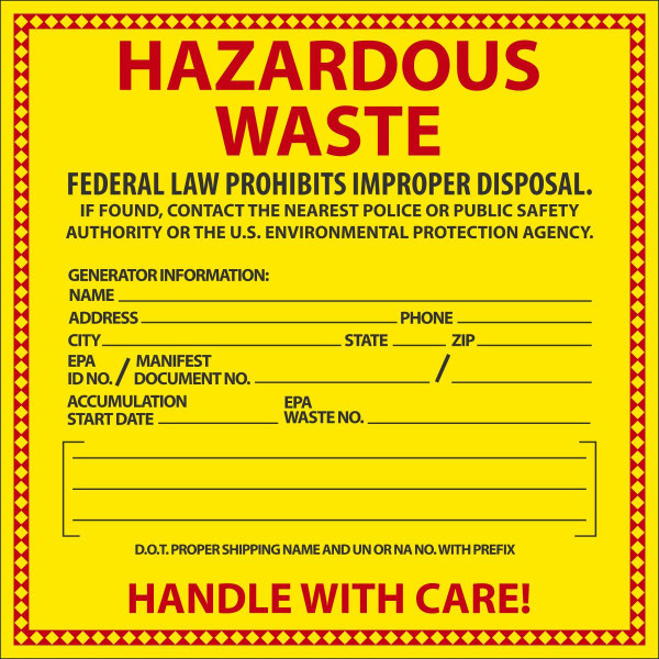 Hazardous Waste Label, HAZARDOUS WASTE, 6" x 6", Adhesive Poly, Pack 25
