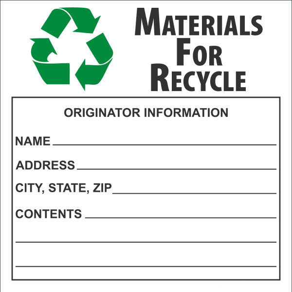 Hazardous Waste Label, MATERIALS FOR RECYCLE ORIGINATOR, 6" x 6", Adhesive Poly, Pack 25