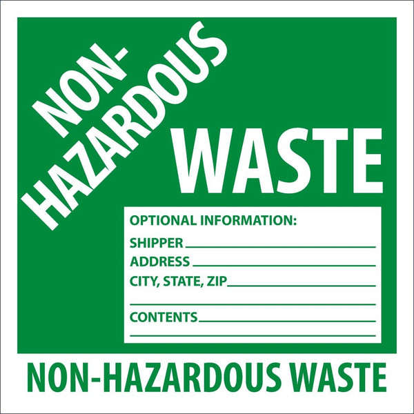 Hazardous Waste Label, NON-HAZARDOUS WASTE, 6" x 6", Adhesive Poly, Pack 25