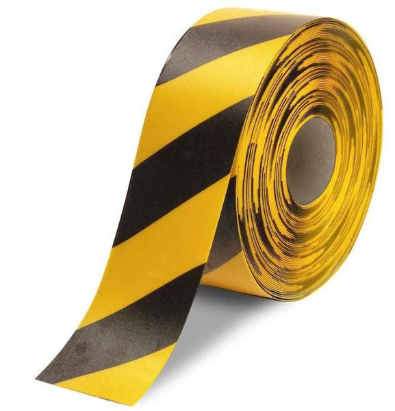 Heavy Duty Floor Tape, Striped, 4" x 100-ft., 50-mil Adhesive Vinyl, Black/Yellow