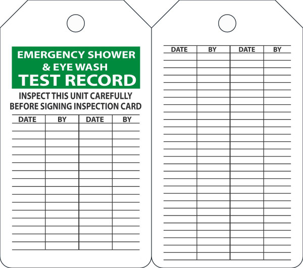 EMERGENCY SHOWER & EYE WASH TEST RECORD, 5-3/4" x 3-1/4", PF-Cardstock, Pack 25