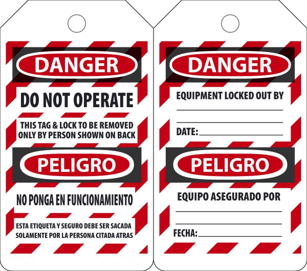 Lockout Tag, DANGER DO NOT OPERATE PELIGRO (English, Spanish), 5-3/4" x 3-1/4", PF-Cardstock, Pack 25