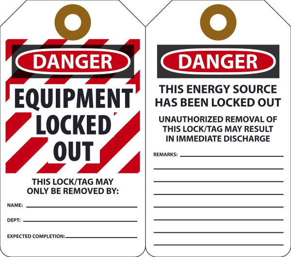 Lockout Tag, DANGER EQUIPMENT LOCKED OUT THIS LOCK/TAG MAY ONLY BE, 5-3/4" x 3-1/4", Plastic w/Grommet, Pack 25