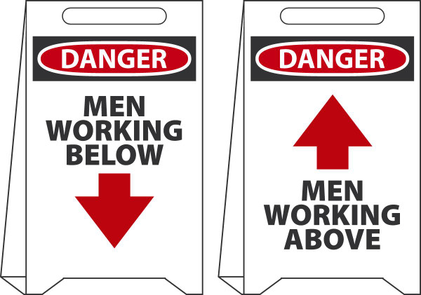 Reversible Fold-Ups Floor Sign, DANGER MEN WORKING ABOVE/DANGER MEN WORKING BELOW, 20" x 12", Corrugated Plastic