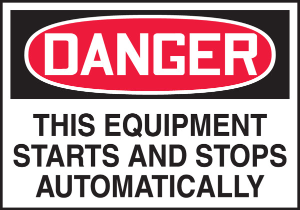 DANGER THIS EQUIPMENT STARTS AND STOPS AUTOMATICALLY, 3-1/2" x 5", Adhesive Vinyl, Pack 5