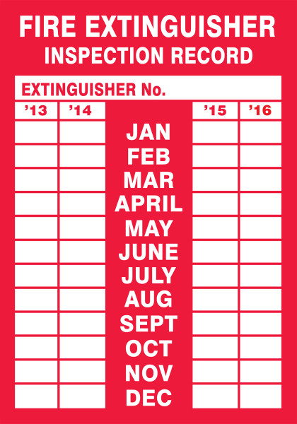 FIRE EXTINGUISHER INSPECTION RECORD, 5" x 3-1/2", Adhesive Vinyl, Pack 5