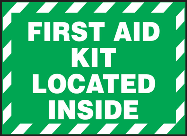 FIRST AID KIT LOCATED INSIDE, 3-1/2" x 5", Adhesive Vinyl, Pack 5