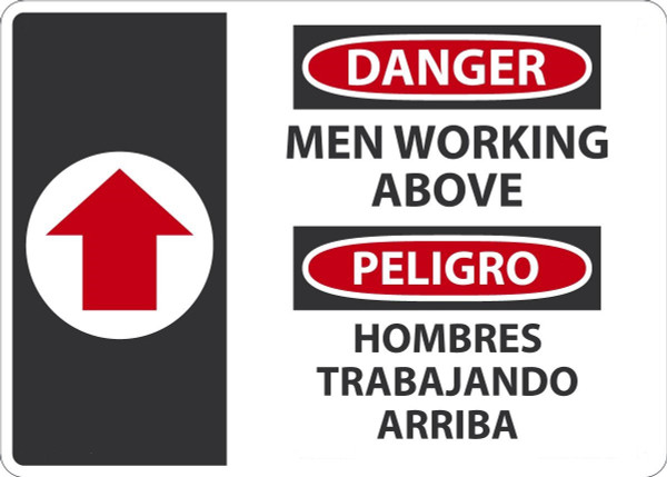 Safety Sign, DANGER MEN WORKING ABOVE (Arrow) (English, Spanish), 10" x 14", Aluminum